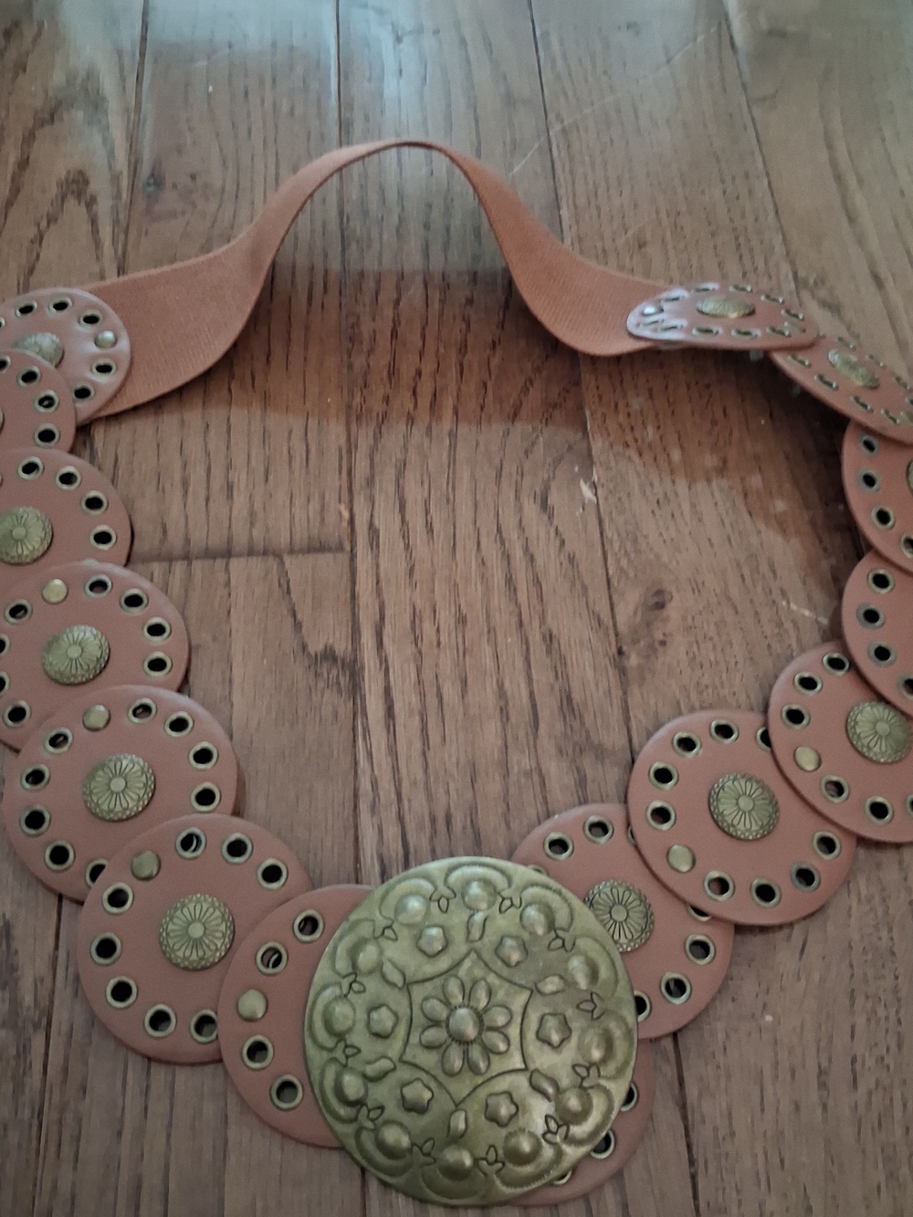 Boho Brown Stretch Belt Antiqued Brass Medallion Floral Buckle Grommet Detail